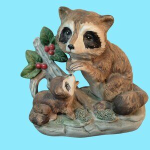Raccoon Mother Baby  Tree Branch Ceramic Figurine Mothers Day Cottage Cabin